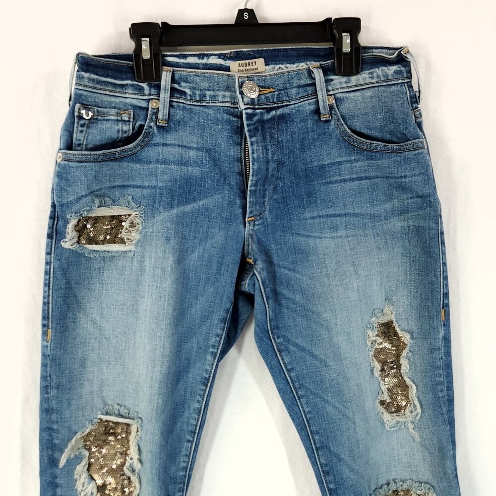 True Religion Audrey Low Rise Jeans Womens 24 Slim Boyfriend Distressed Sequin - Picture 7 of 14